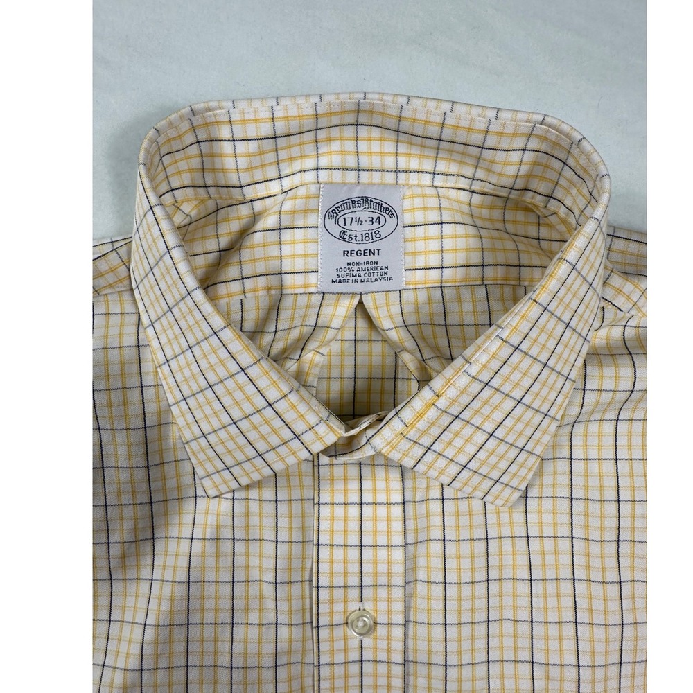 Brooks Brothers Regent‎ Mens Dress Shirt 17 1/2 34 Yellow Plaid Non Iron